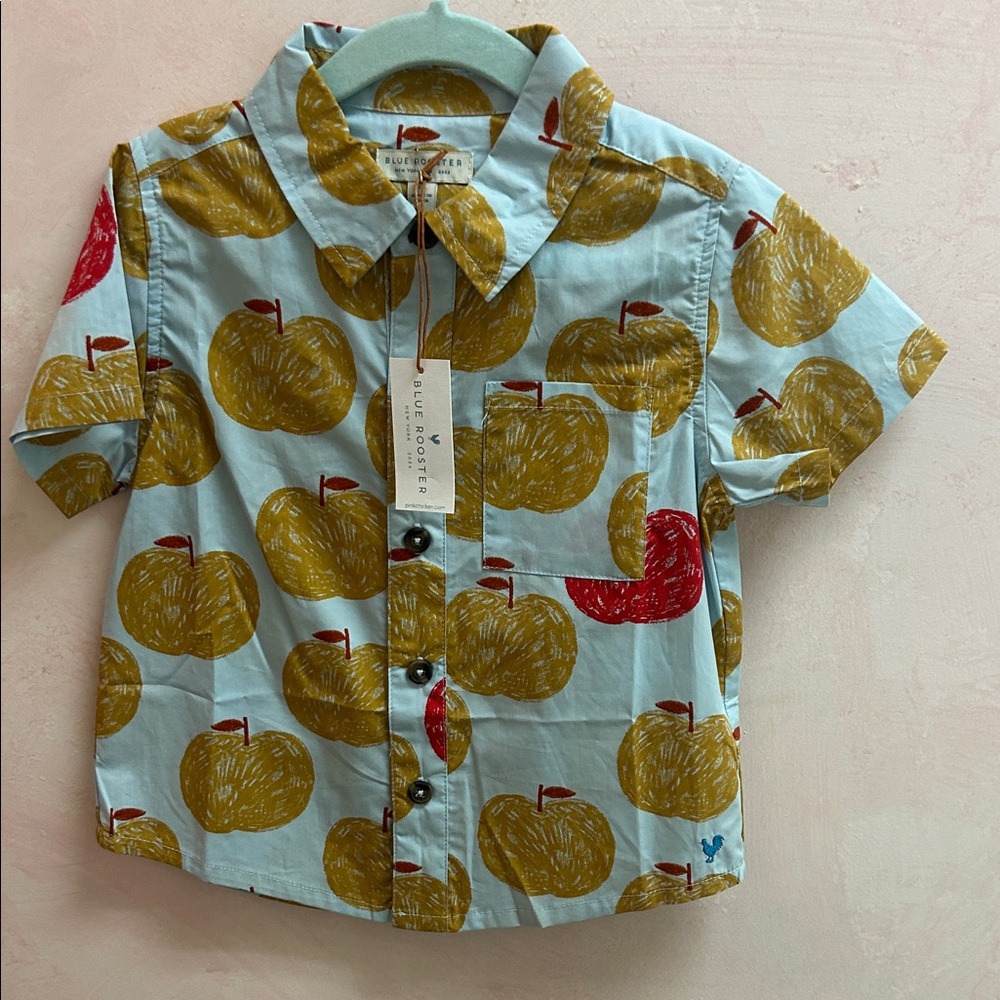 NWT Blue Rooster Kids Apple Print Shirt - Blue and Yellow